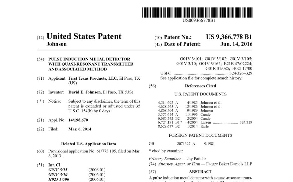 New Patent by First Texas Products fresh brief of pulse induction technology new for metal detecting